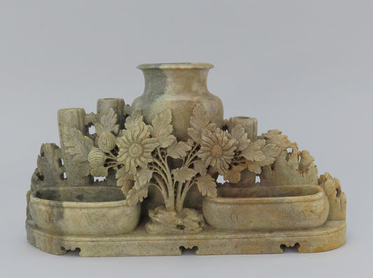 Wonderful Antique Chinese Earth-Toned Soapstone Carved Urns Bud Vase Flowers