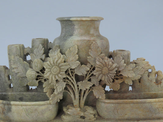 Wonderful Antique Chinese Earth-Toned Soapstone Carved Urns Bud Vase Flowers