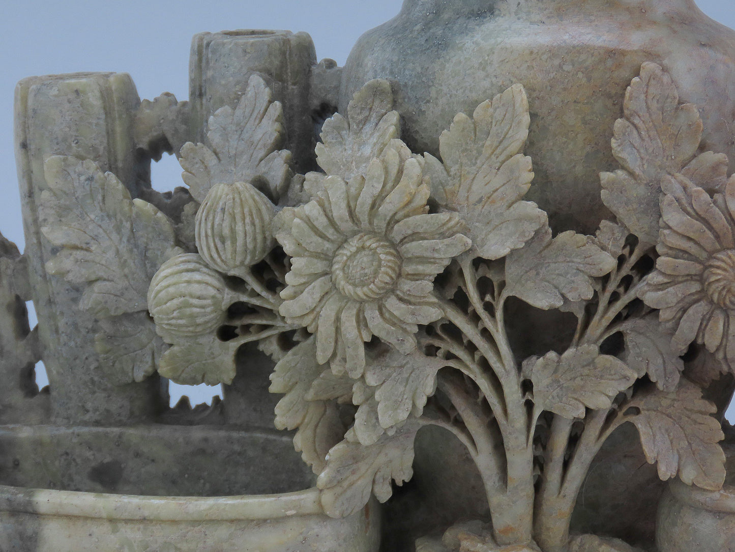 Wonderful Antique Chinese Earth-Toned Soapstone Carved Urns Bud Vase Flowers