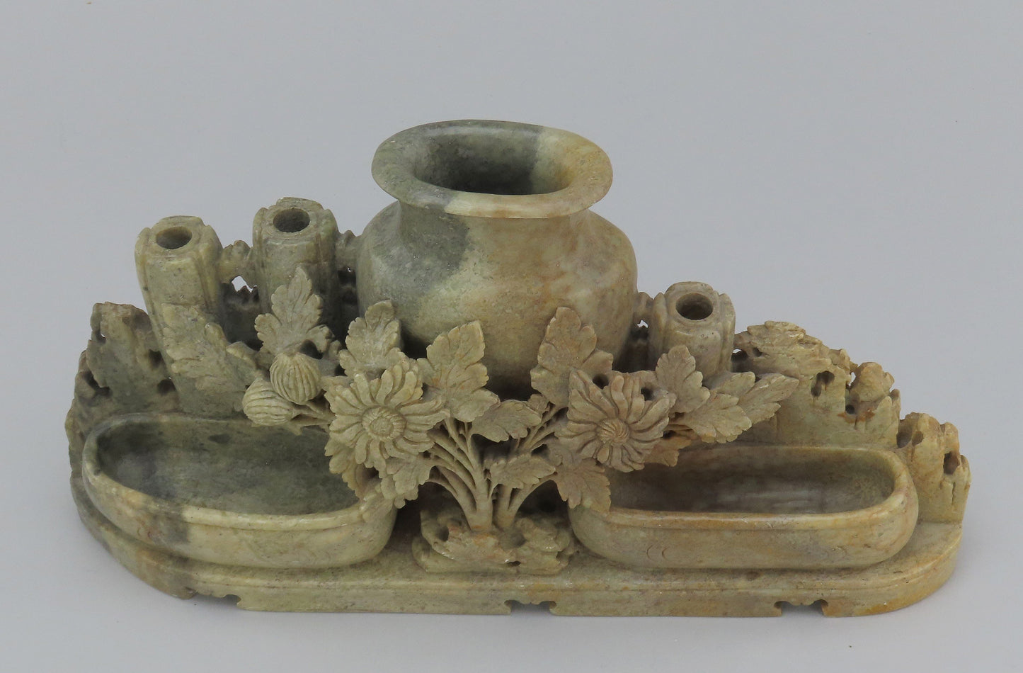 Wonderful Antique Chinese Earth-Toned Soapstone Carved Urns Bud Vase Flowers