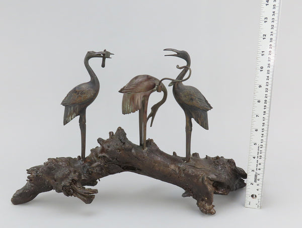 Late 1800s Chinese Bronze Three Cranes Sculpture Brush Hanger Stand on Wood