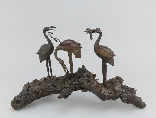 Late 1800s Chinese Bronze Three Cranes Sculpture Brush Hanger Stand on Wood