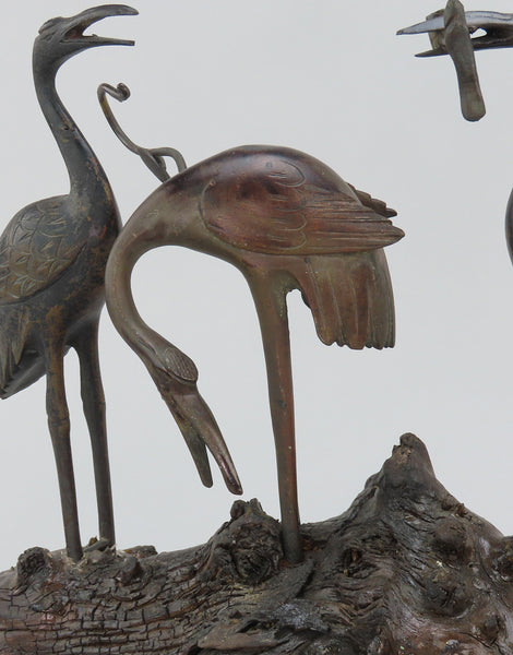 Late 1800s Chinese Bronze Three Cranes Sculpture Brush Hanger Stand on Wood