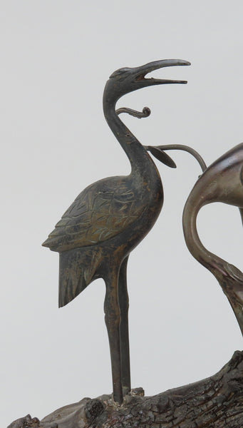 Late 1800s Chinese Bronze Three Cranes Sculpture Brush Hanger Stand on Wood