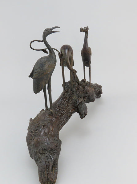 Late 1800s Chinese Bronze Three Cranes Sculpture Brush Hanger Stand on Wood