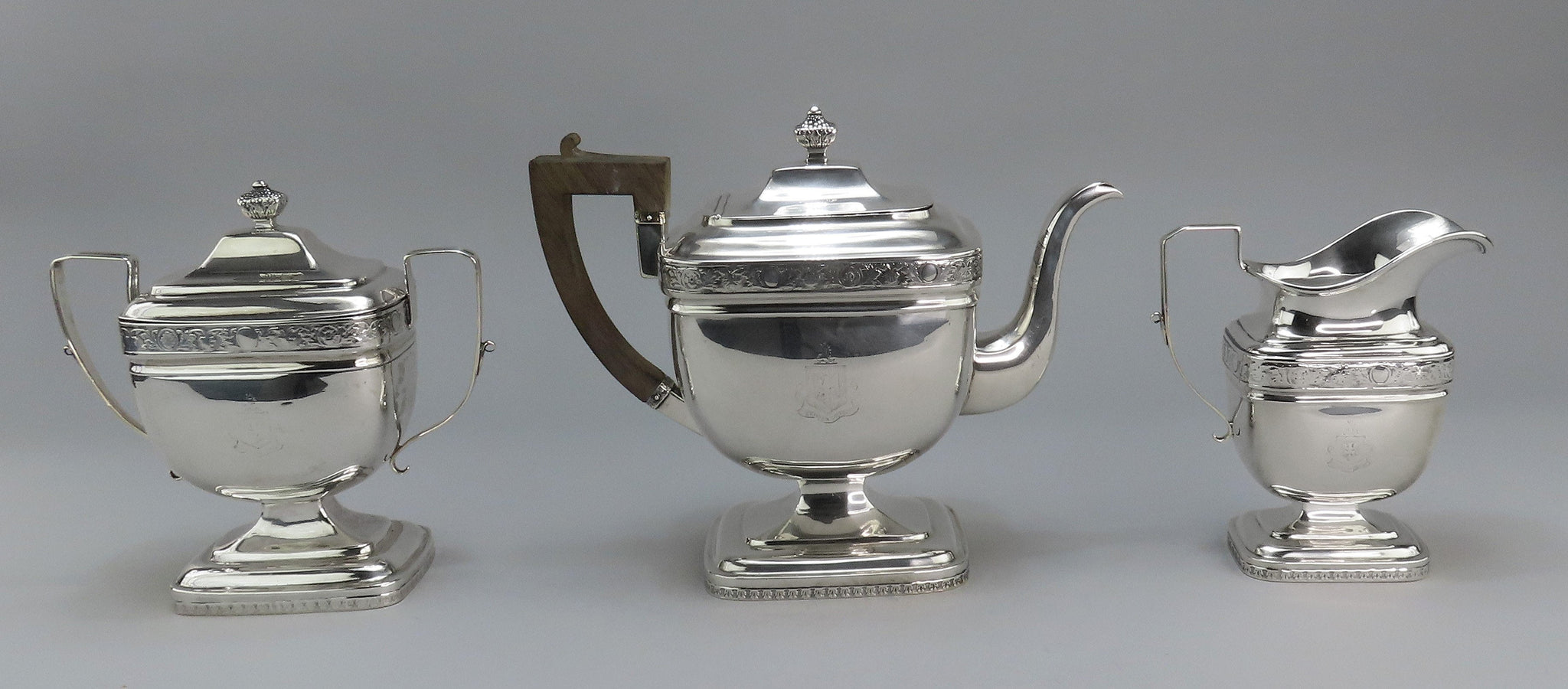 Exquisite 3pc 1800s American Coin / Sterling Silver Tea Set Ramsay Crest