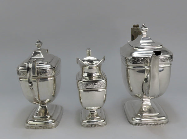 Exquisite 3pc 1800s American Coin / Sterling Silver Tea Set Ramsay Crest