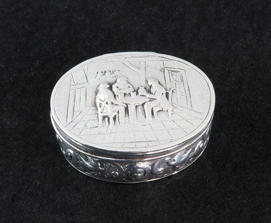 Nice German Hanau 800 Silver Genre Tavern Scene Oval Snuff or Trinket Box