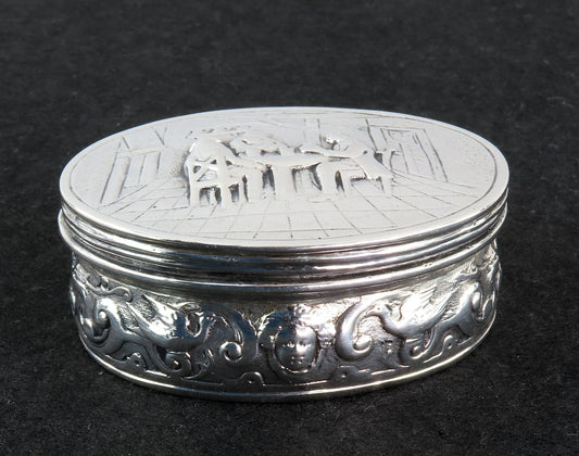 Nice German Hanau 800 Silver Genre Tavern Scene Oval Snuff or Trinket Box
