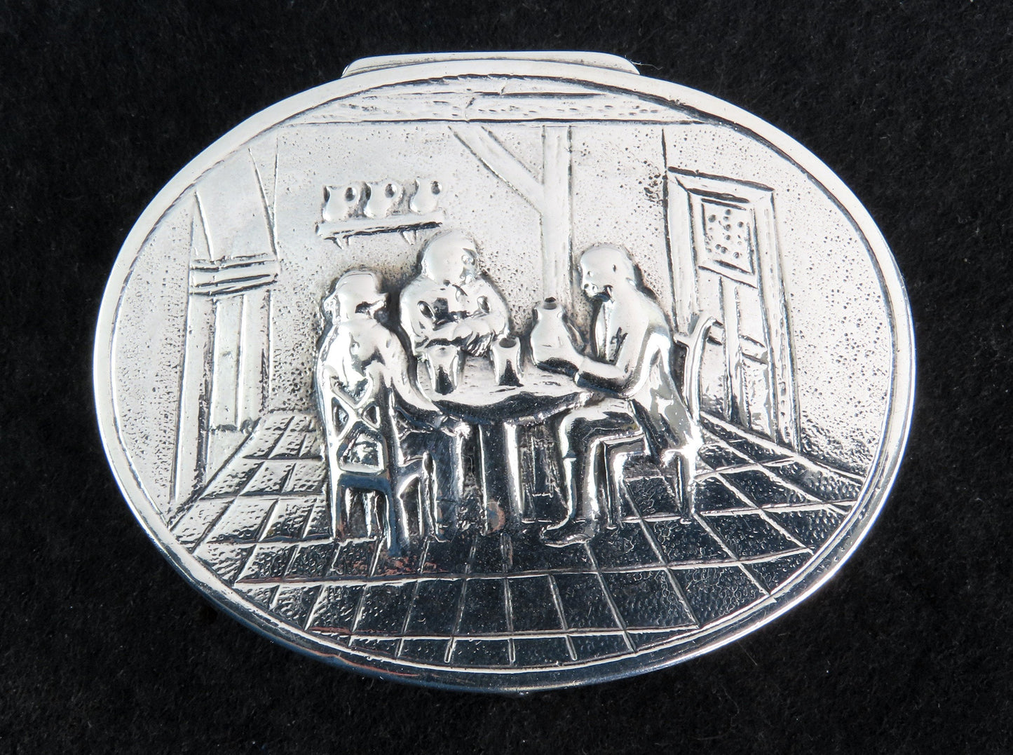 Nice German Hanau 800 Silver Genre Tavern Scene Oval Snuff or Trinket Box