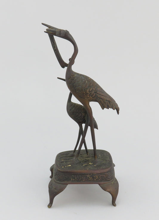 Late 1800s Chinese Bronze Statue of Two Cranes On Decorated Base