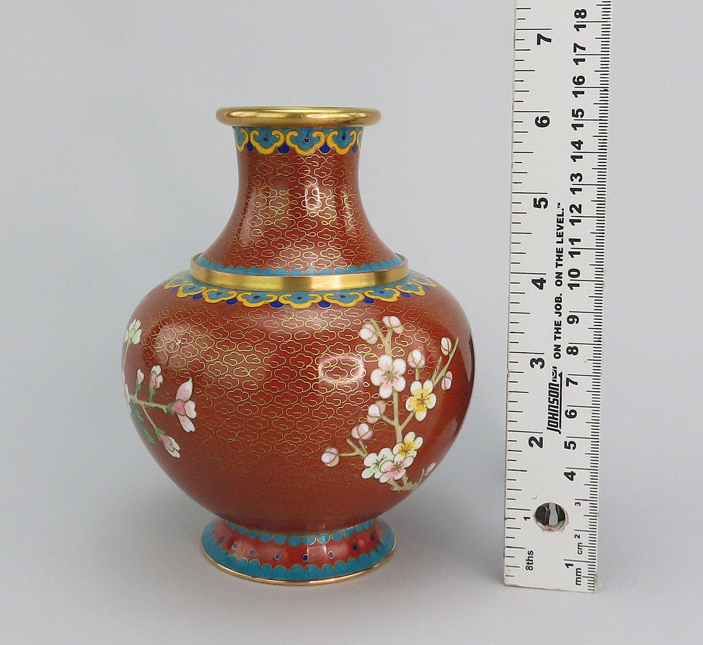Fabulous Mid 20th Century Pair Cloisonne Vases Red w/ Pink Flowers 6 1/4" Tall