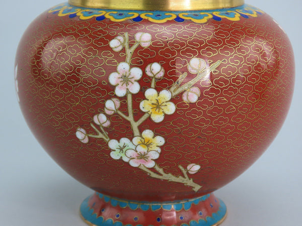 Fabulous Mid 20th Century Pair Cloisonne Vases Red w/ Pink Flowers 6 1/4" Tall