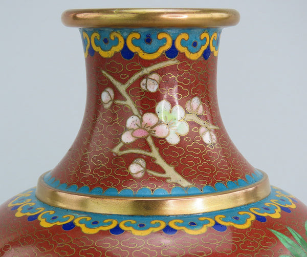 Fabulous Mid 20th Century Pair Cloisonne Vases Red w/ Pink Flowers 6 1/4" Tall