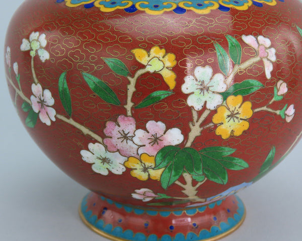 Fabulous Mid 20th Century Pair Cloisonne Vases Red w/ Pink Flowers 6 1/4" Tall