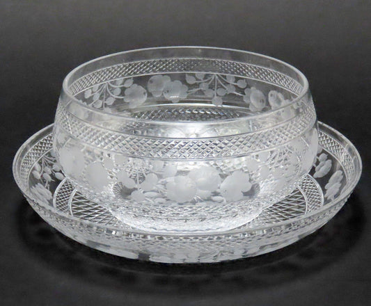 Lovely American or English Intaglio Cut Glass Rose Garland Bowl and Saucer