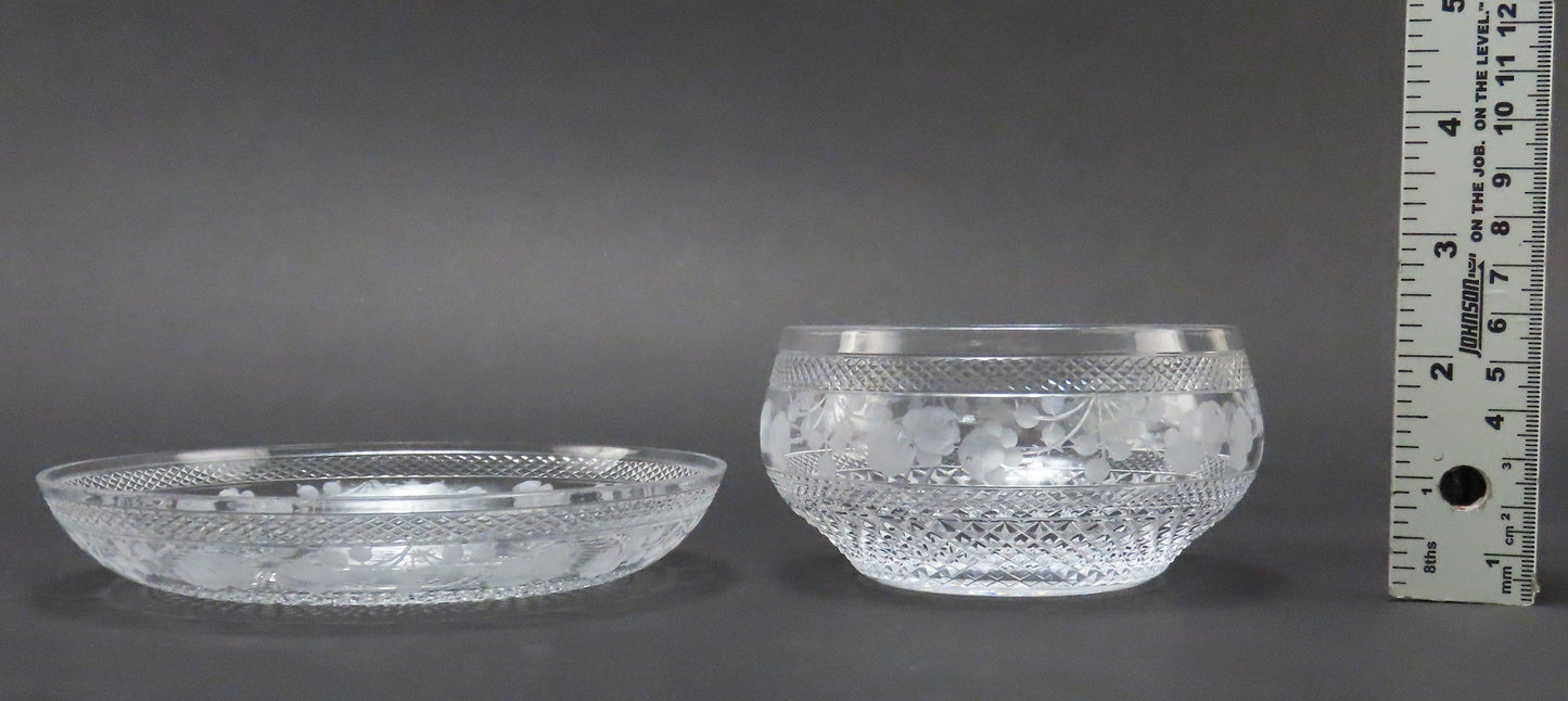 Lovely American or English Intaglio Cut Glass Rose Garland Bowl and Saucer