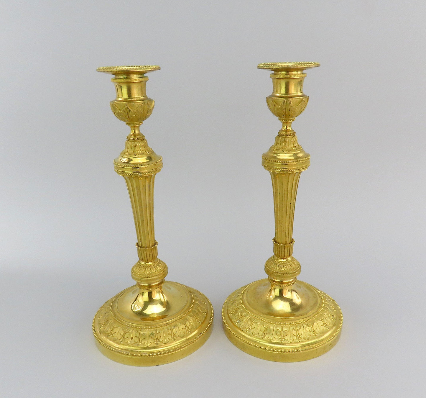 1840/50s Ferdinand Barbedienne Pair Fancy Gilded Brass Candlesticks 11 1/4"