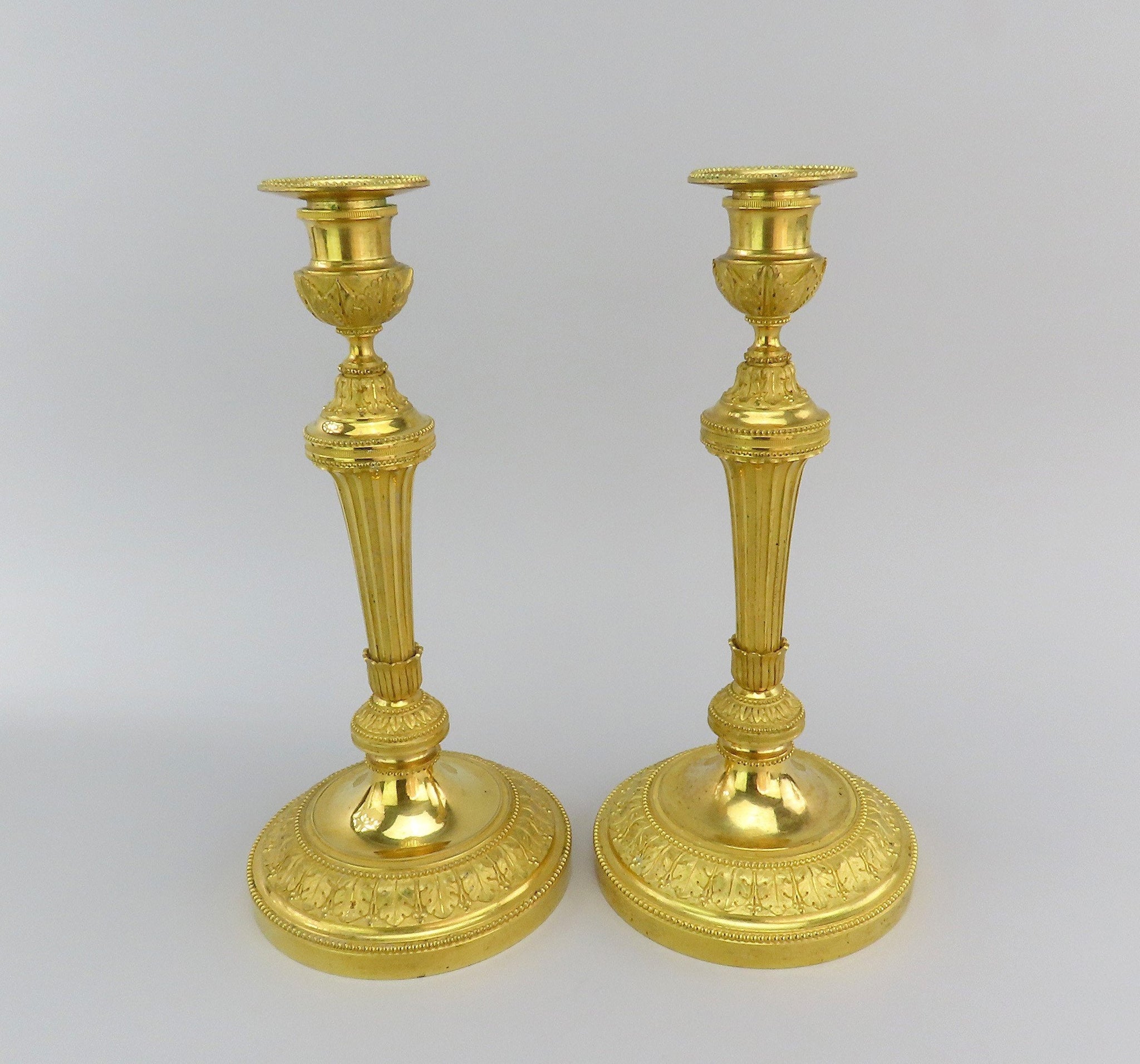 1840/50s Ferdinand Barbedienne Pair Fancy Gilded Brass Candlesticks 11 1/4"