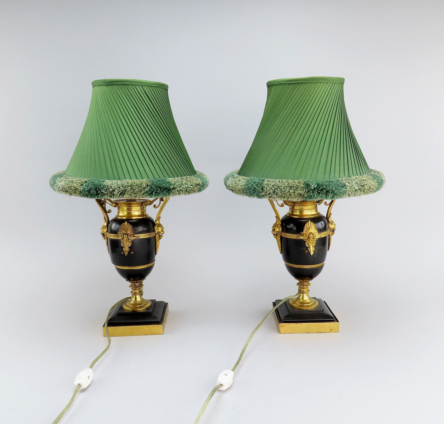 Mid-1800s French Style Black Stone Urn Lamps Pair w/ Green Lampshades 17" Tall