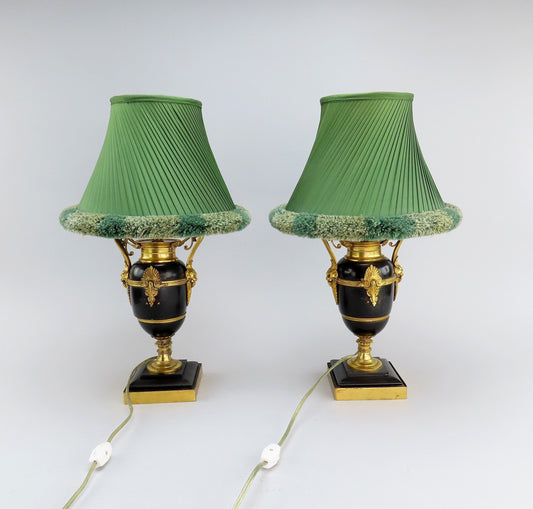 Mid-1800s French Style Black Stone Urn Lamps Pair w/ Green Lampshades 17" Tall