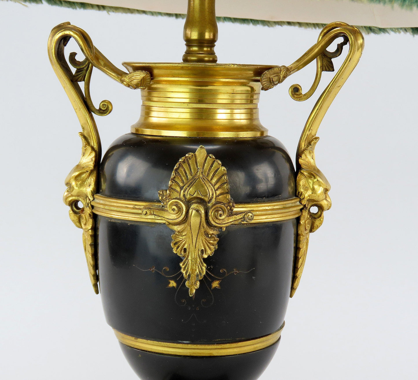 Mid-1800s French Style Black Stone Urn Lamps Pair w/ Green Lampshades 17" Tall