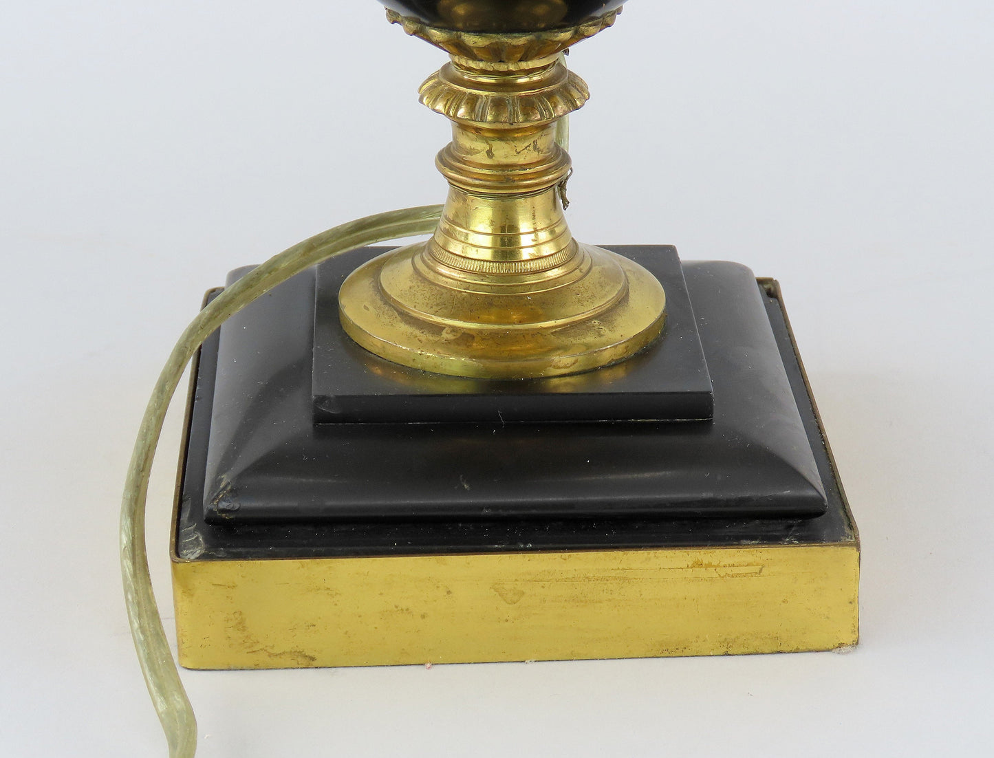 Mid-1800s French Style Black Stone Urn Lamps Pair w/ Green Lampshades 17" Tall