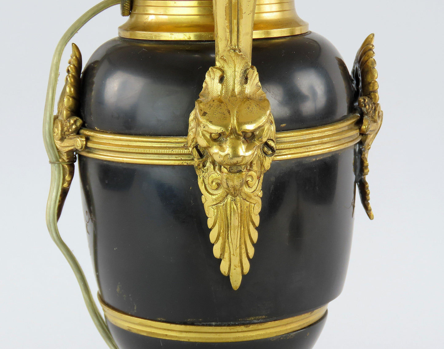 Mid-1800s French Style Black Stone Urn Lamps Pair w/ Green Lampshades 17" Tall