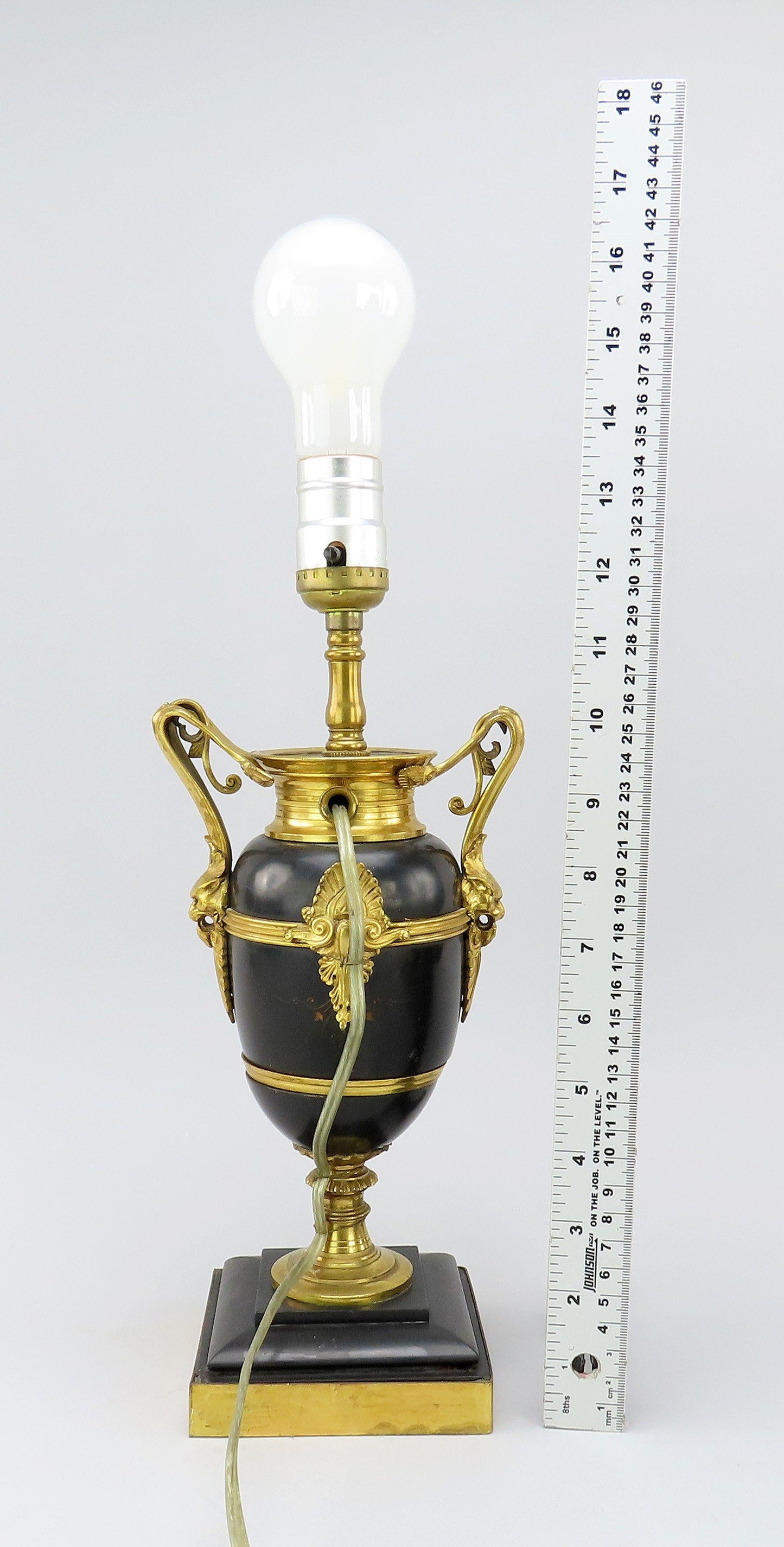 Mid-1800s French Style Black Stone Urn Lamps Pair w/ Green Lampshades 17" Tall