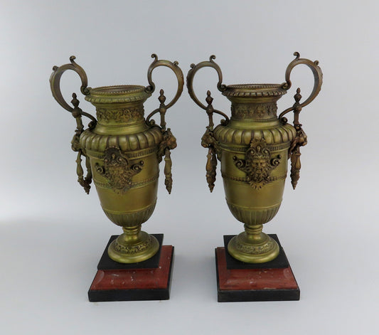 Pair Antique European Bronze Marble Urns Classical Decorations 14 3/4"