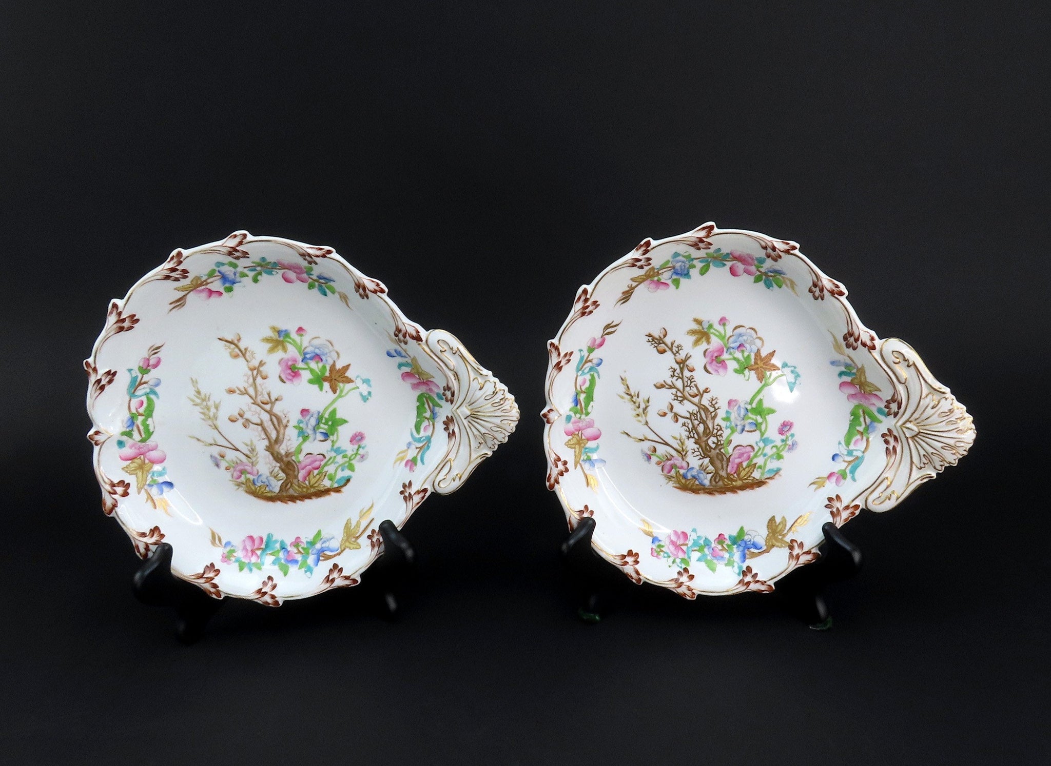 Lovely Pair Mid-1800s Porcelain Serving Plates Hand-Painted Branch Flowers