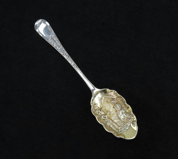 Fine 1741 English Sterling Silver Hand Chased Courting Scene Serving Spoon