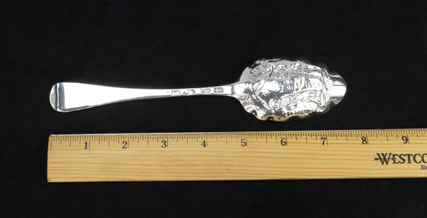 Fine 1741 English Sterling Silver Hand Chased Courting Scene Serving Spoon