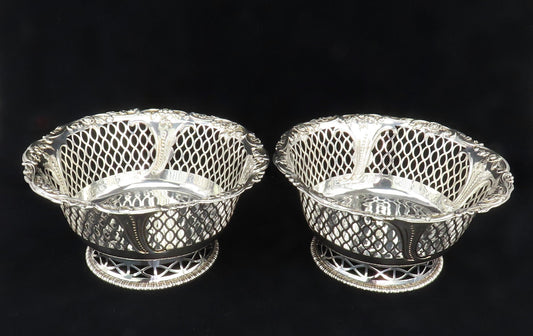 1775 Irish Sterling Silver Pair Pierced Bowls Dublin Markham Family Crest 7.5 in