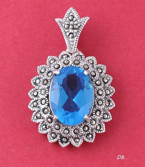 Sterling Silver Natural Blue Topaz and Marcasite Pendant