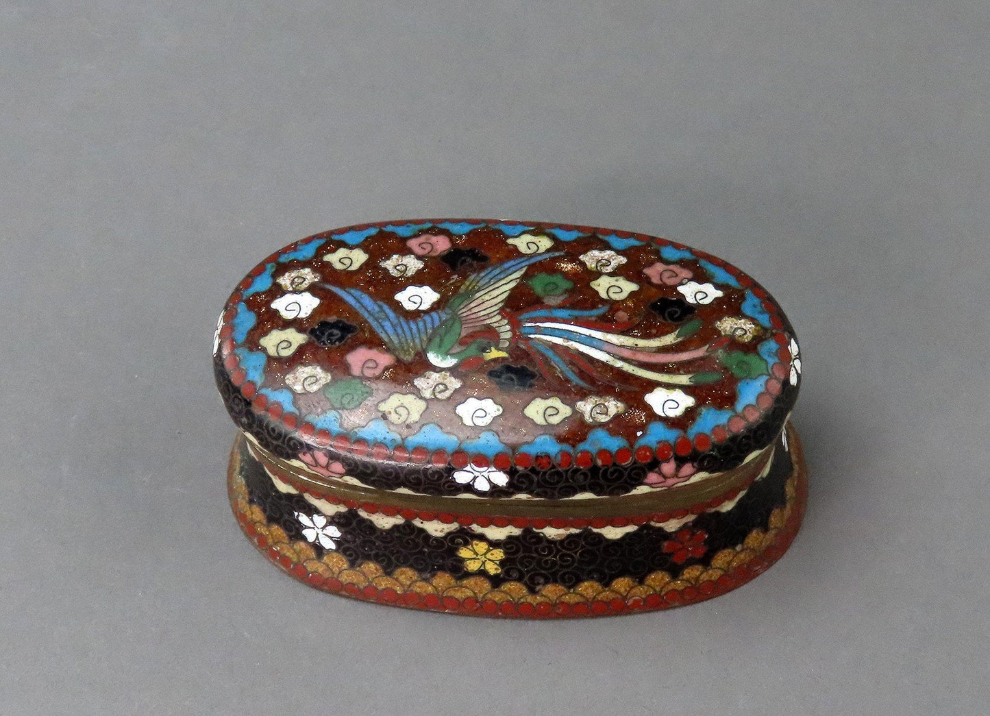 Great Antique Japanese Cloisonne Oval Match Holder Box Multi Color Bird