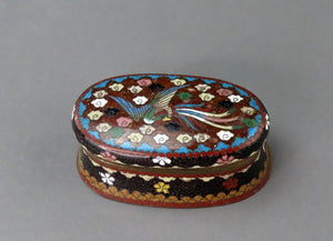 Great Antique Japanese Cloisonne Oval Match Holder Box Multi Color Bird