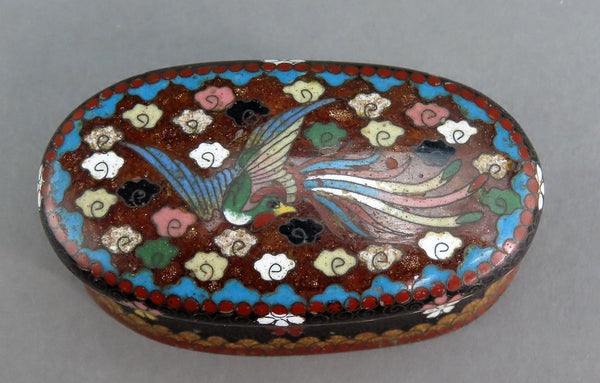 Great Antique Japanese Cloisonne Oval Match Holder Box Multi Color Bird