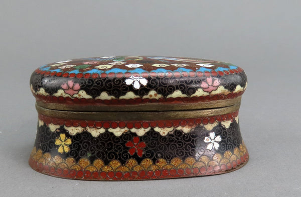 Great Antique Japanese Cloisonne Oval Match Holder Box Multi Color Bird