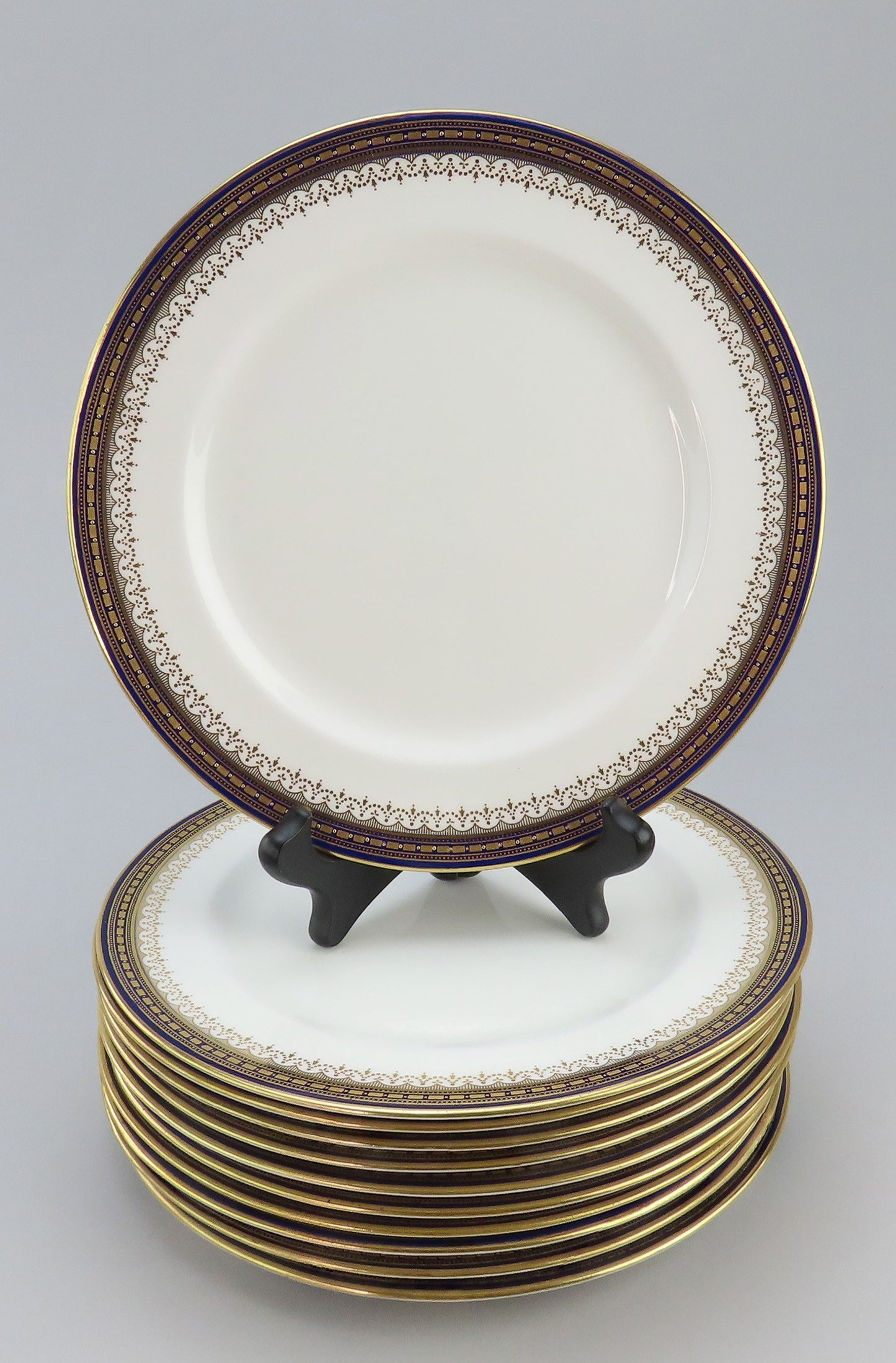 Vintage Royal Doulton Porcelain 11 pc Luncheon Plates Cobalt Blue & Gold 9in