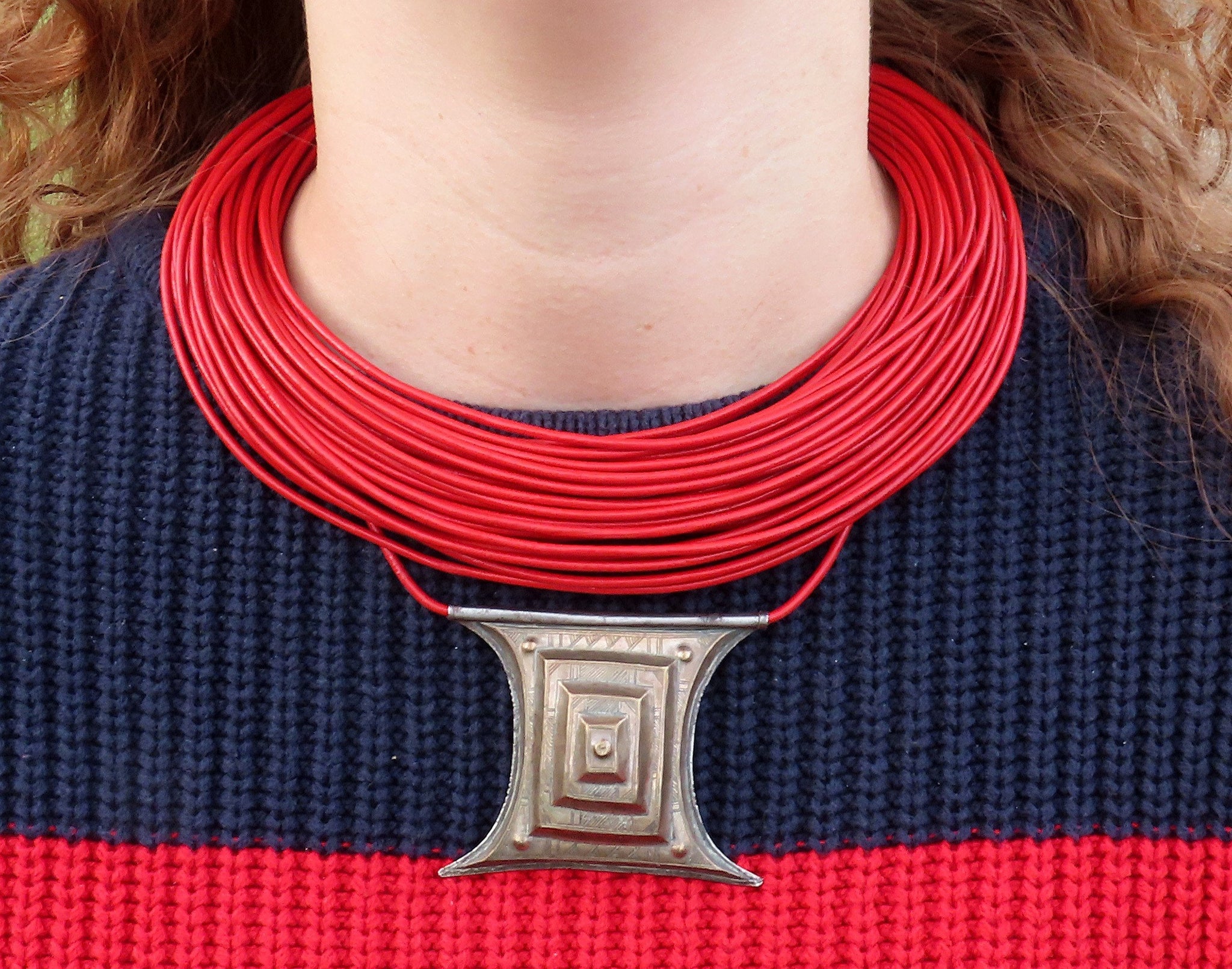 EKABO Paris African Red Leather Layered Necklace Pyramid Pendant 16 Inches