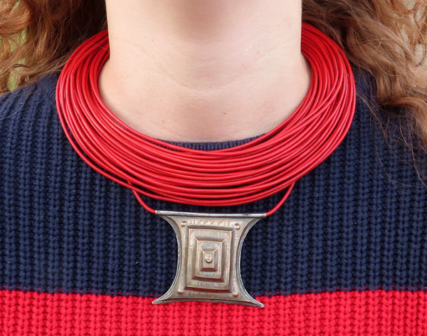 EKABO Paris African Red Leather Layered Necklace Pyramid Pendant 16 Inches