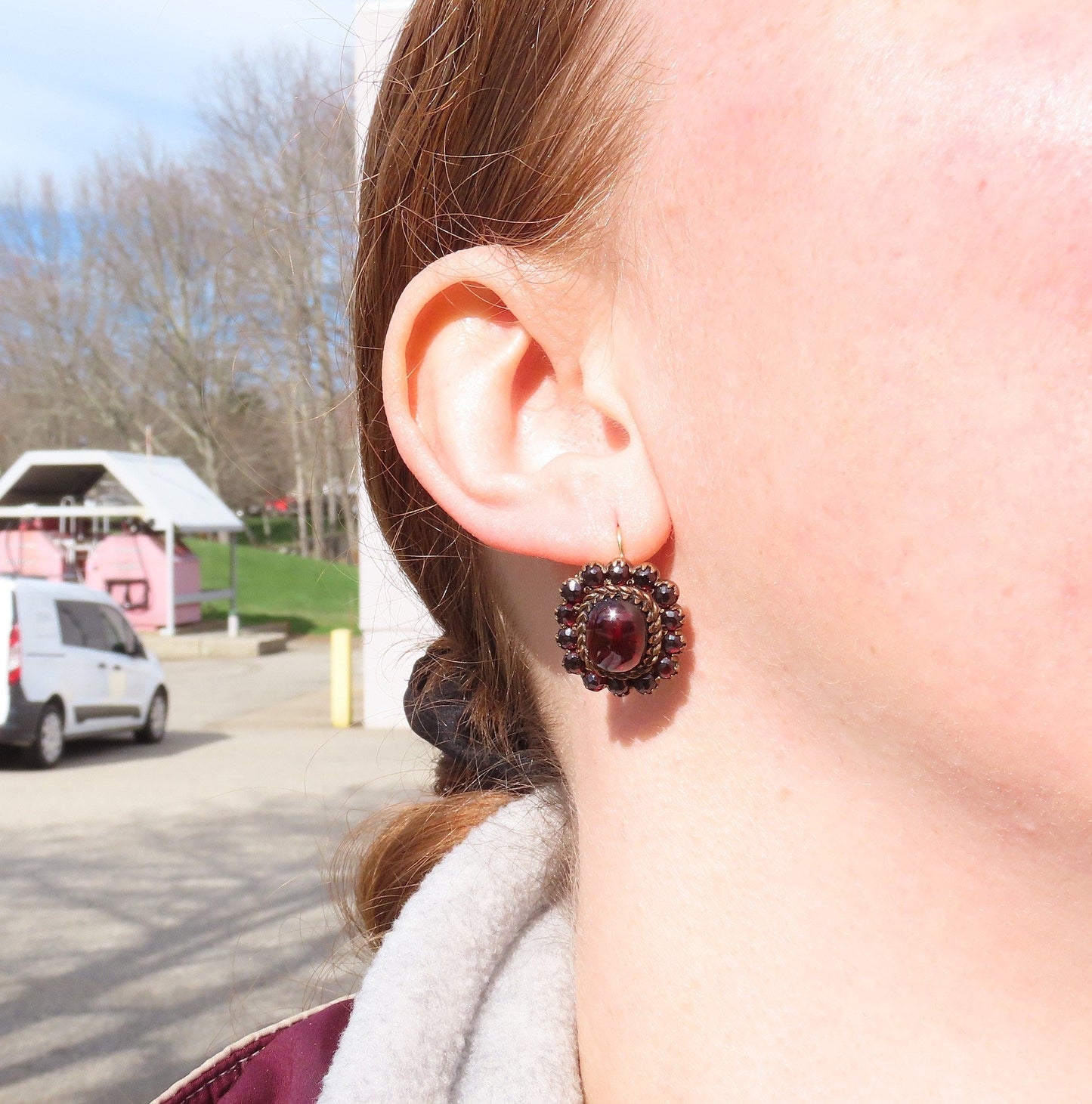 Regal Czech/Bohemian Red Garnet Cabochon Drop Pierced Earrings
