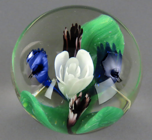 Neat Hand-Blown Pedestal Paperweight White Violets Blue Flowers