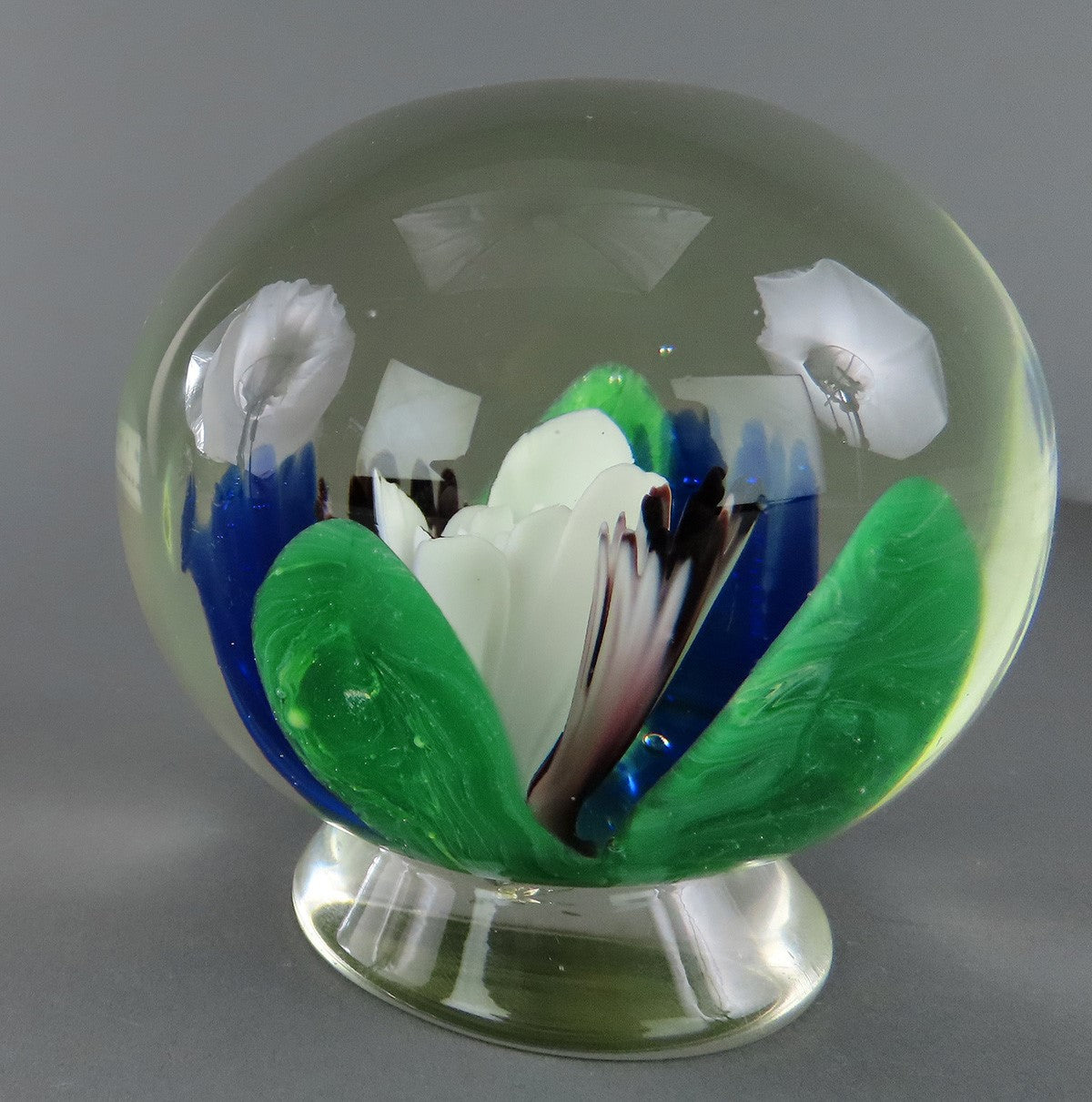 Neat Hand-Blown Pedestal Paperweight White Violets Blue Flowers