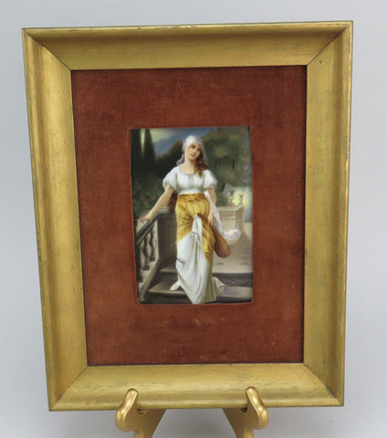 1800s German Painting on Porcelain Woman w/ Lute Wooden Frame