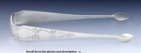 Antique 1790s American Coin Silver Engraved Sugar Cube Tongs