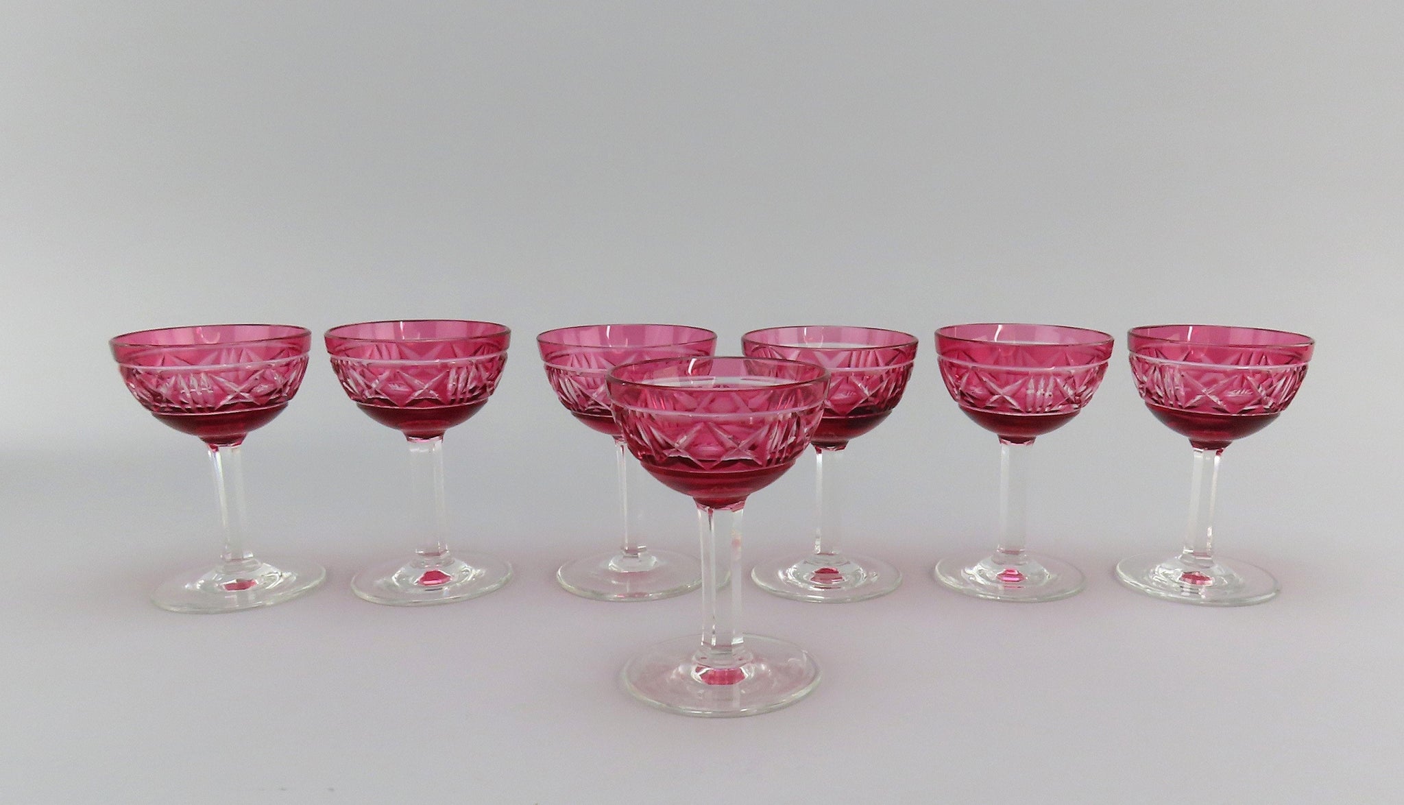 7 Gorgeous Cranberry Cut to Clear Cut Glass 1.5 fl oz Cordial Glasses 3 7/8"