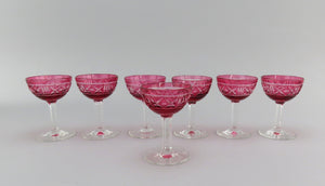 7 Gorgeous Cranberry Cut to Clear Cut Glass 1.5 fl oz Cordial Glasses 3 7/8"