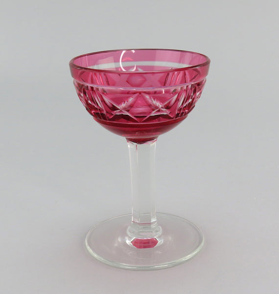 7 Gorgeous Cranberry Cut to Clear Cut Glass 1.5 fl oz Cordial Glasses 3 7/8"